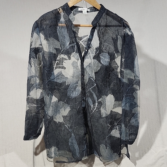 Coldwater Creek Tops - Coldwater Creek Gray Burnout Floral Sheer Button Blouse‎ Art-to-wear Women MP